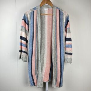 Ecru Cardigan Sweater Multi Pastel Stripe‎ 100% Linen 3/4 Sleeve Womens Large